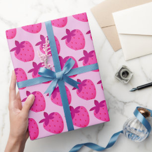pink strawberry field summer cute nature fruit wrapping paper