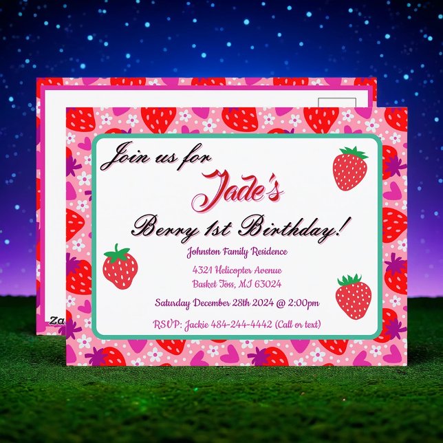 Pink Strawberry First Birthday Invitation Postcard (Creator Uploaded)