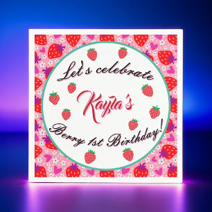 Pink Strawberry First Birthday Party Napkin