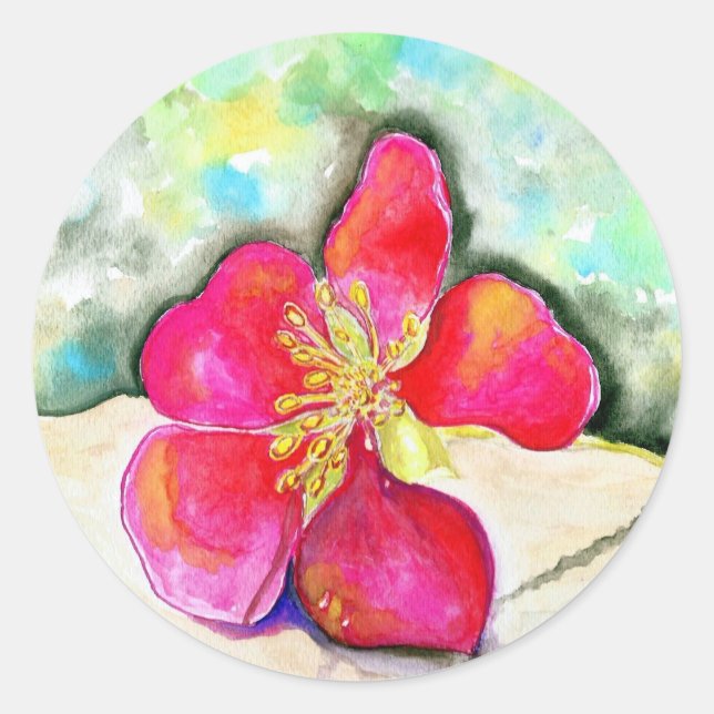 Pink Strawberry Flower Watercolor Classic Round Sticker (Front)