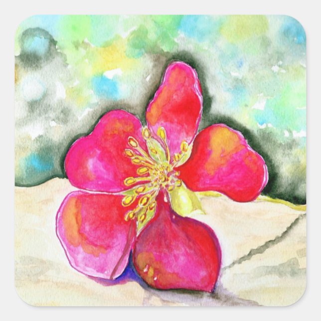 Pink Strawberry Flower Watercolor Square Sticker (Front)