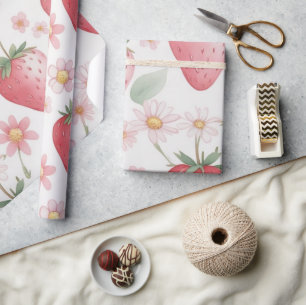 Pink Strawberry flowers Birthday Party for her Wrapping Paper