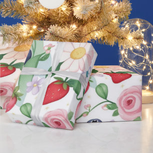 Pink Strawberry flowers Birthday Party for her Wrapping Paper