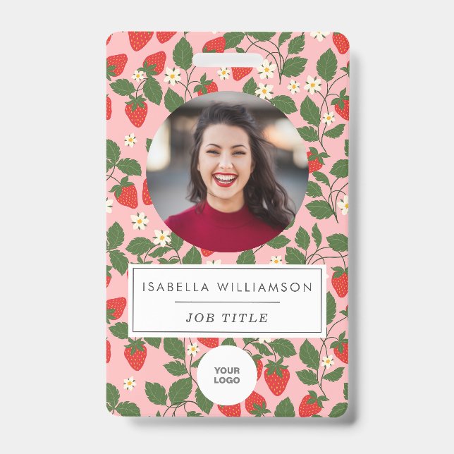 Pink Strawberry Fruit Unique Employee Photo ID Badge (Front)