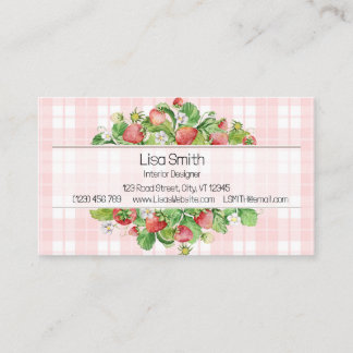 Pink Strawberry Gingham Business Card 