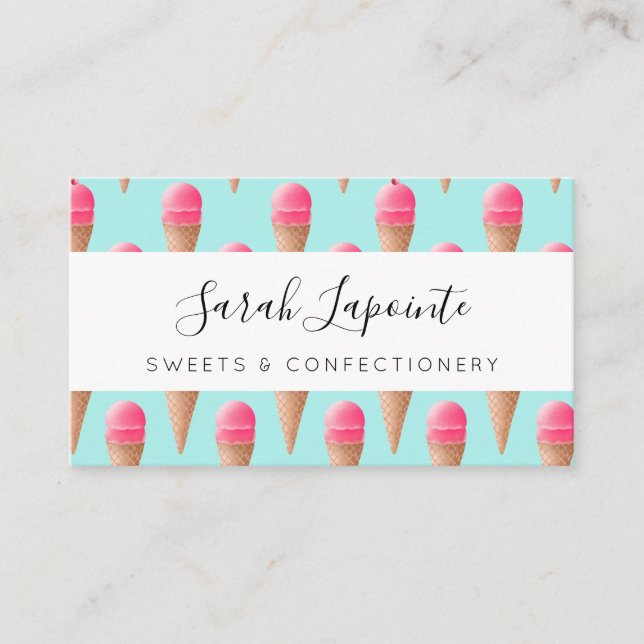 Pink Strawberry Ice Cream Cone Pattern, Blue Business Card (Front)