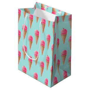 Pink Strawberry Ice Cream Cone Pattern, Blue Medium Gift Bag