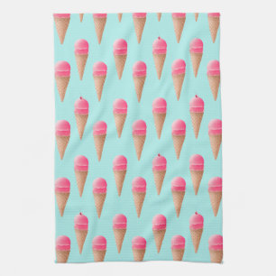 Pink Strawberry Ice Cream Cone Pattern, Blue Tea Towel