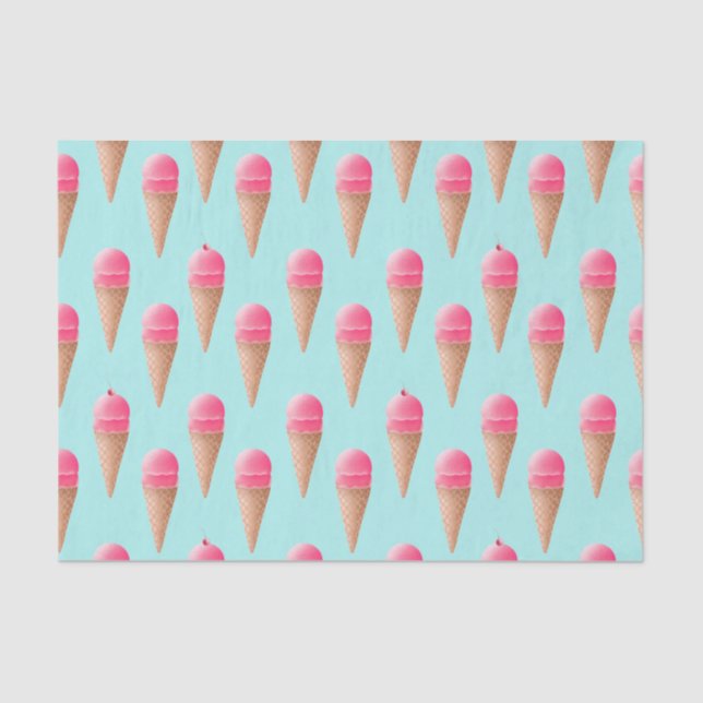 Pink Strawberry Ice Cream Cone Pattern, Blue Tissue Paper (Front)