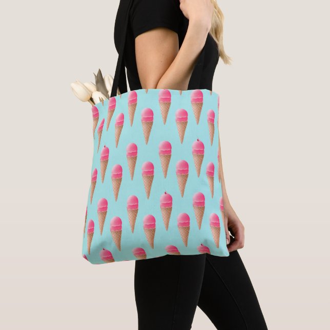 Pink Strawberry Ice Cream Cone Pattern, Blue Tote Bag (Close Up)