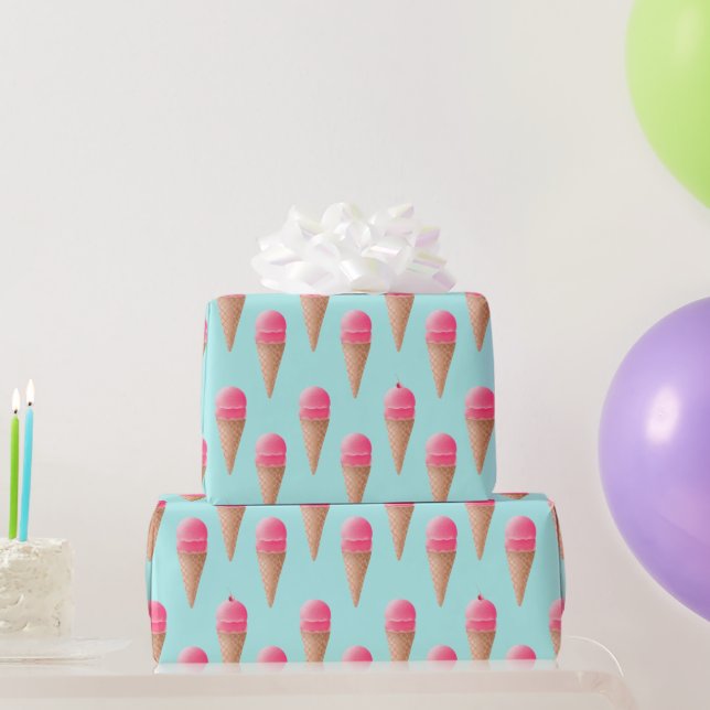 Pink Strawberry Ice Cream Cone Pattern, Blue Wrapping Paper (Party Gifts)