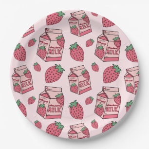 Pink Strawberry Milk Pattern Birthday Party Paper Plate