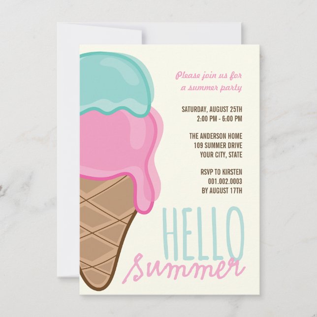 Pink Strawberry Mint Ice Cream Summer Party Invite (Front)