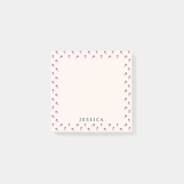 Pink strawberry pattern, custom name  post-it notes (Front)
