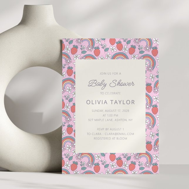 Pink Strawberry Rainbow Retro Baby Shower Invitation (Creator Uploaded)