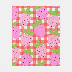 Pink Strawberry Red Gingham Cute Girls Room Fleece Blanket