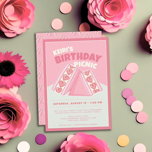 Pink Strawberry Sandwich Birthday Picnic Party Invitation (Creator Uploaded)