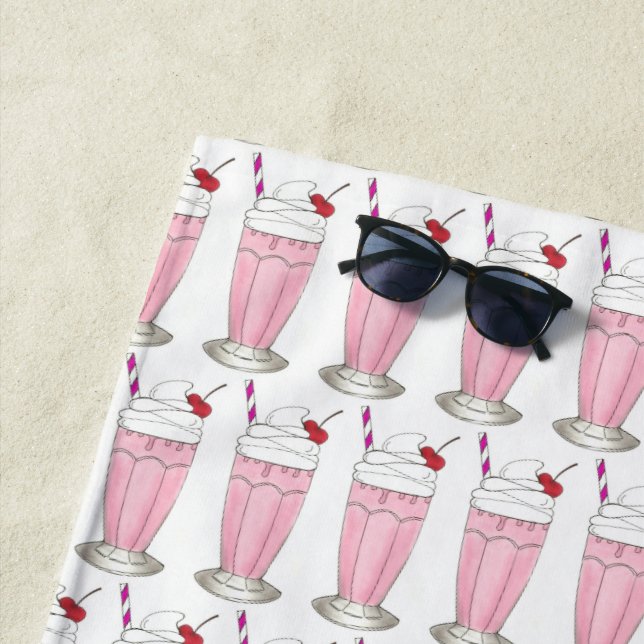Pink Strawberry Shake Ice Cream Milkshake Foodie Beach Towel (In Situ)