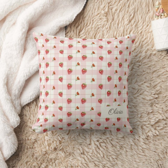 Pink Strawberry Sweet Gingham Monogram Nursery Cushion (Blanket)