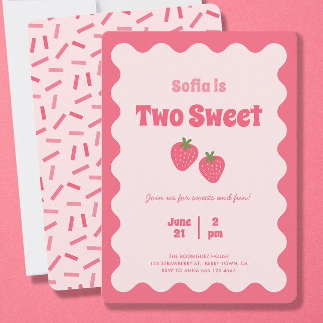 Pink Strawberry Two Sweet Girl Birthday  Invitation (Girl Two Sweet Birthday Invitation, blush pink scalloped frame, and strawberries. Sprinkles on back)