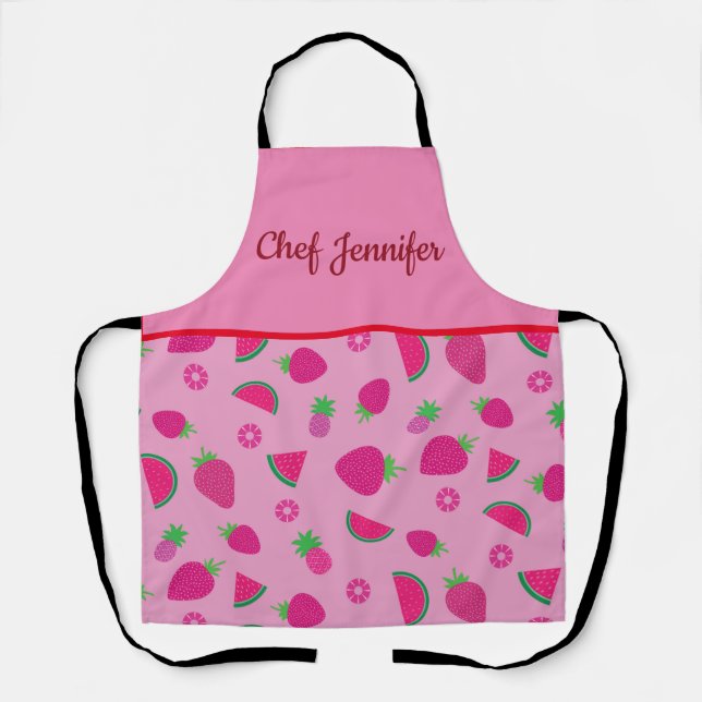 Pink strawberry, watermelon and pineapple custom  apron (Front)