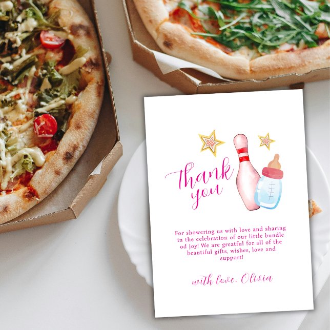 Pink Strike Up Some Fun Bowling Girl Baby Shower  Thank You Card (Pink Strike Up Some Fun Bowling Girl Baby Shower Thank You Card)