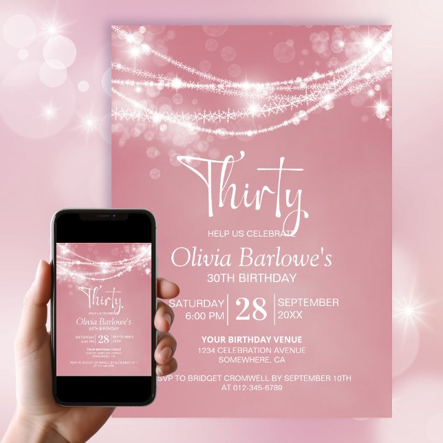 Pink String Lights 30th Birthday Party Invitation (Creator Uploaded)
