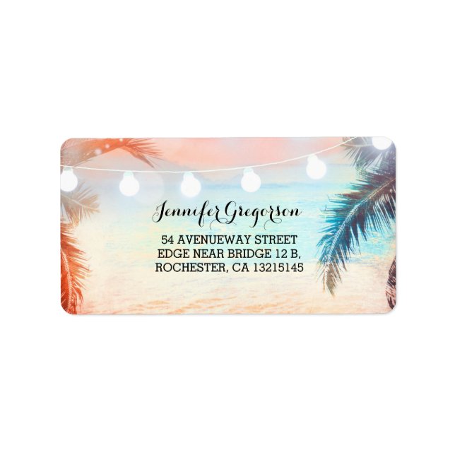 Pink String Lights Beach Wedding Label (Front)