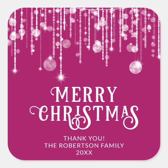 Pink String Lights Christmas Party Favour Square Sticker (Front)