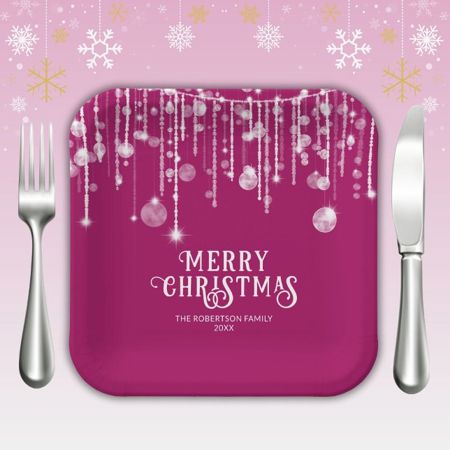 Pink String Lights Christmas Party Paper Plate (Creator Uploaded)