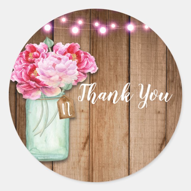 Pink String Lights & Mason Jar Flowers Rustic Wood Classic Round Sticker (Front)