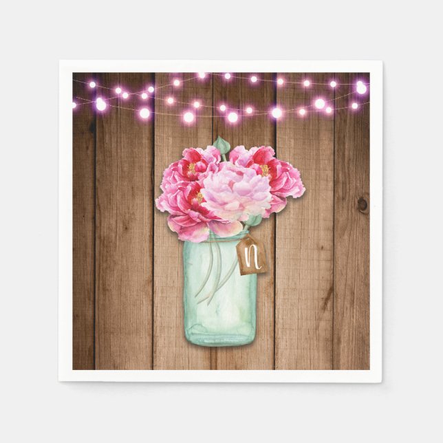 Pink String Lights & Mason Jar Flowers Rustic Wood Napkin (Front)