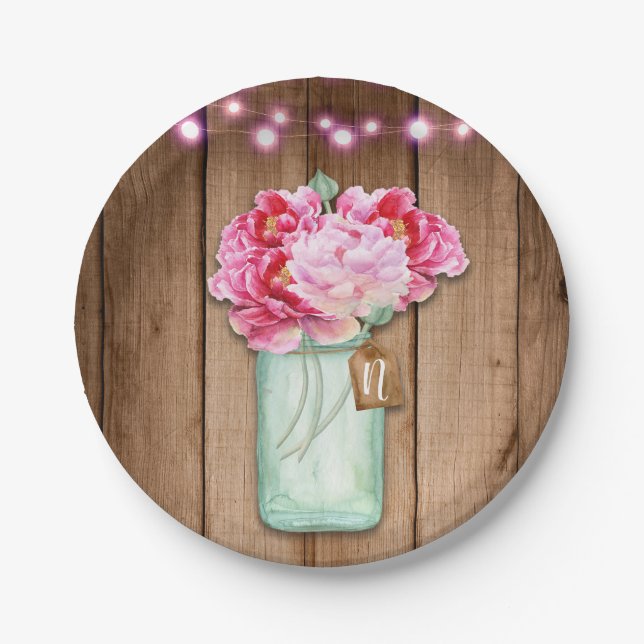 Pink String Lights & Mason Jar Flowers Rustic Wood Paper Plate (Front)