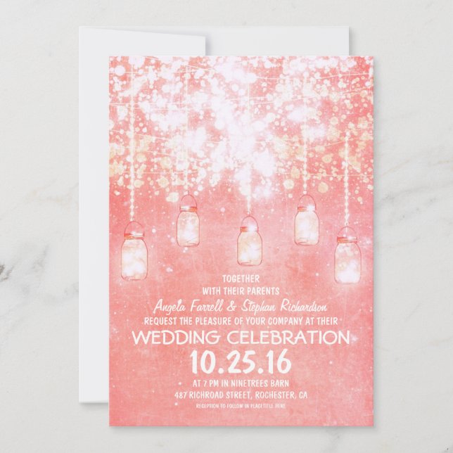 Pink string lights sparkly mason jars wedding invitation (Front)