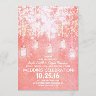 Pink string lights sparkly mason jars wedding invitation