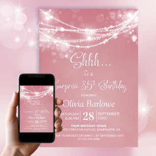 Pink String Lights Surprise 85th Birthday Party Invitation