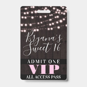 Pink String Lights Sweet 16 Party VIP Pass ID Badge