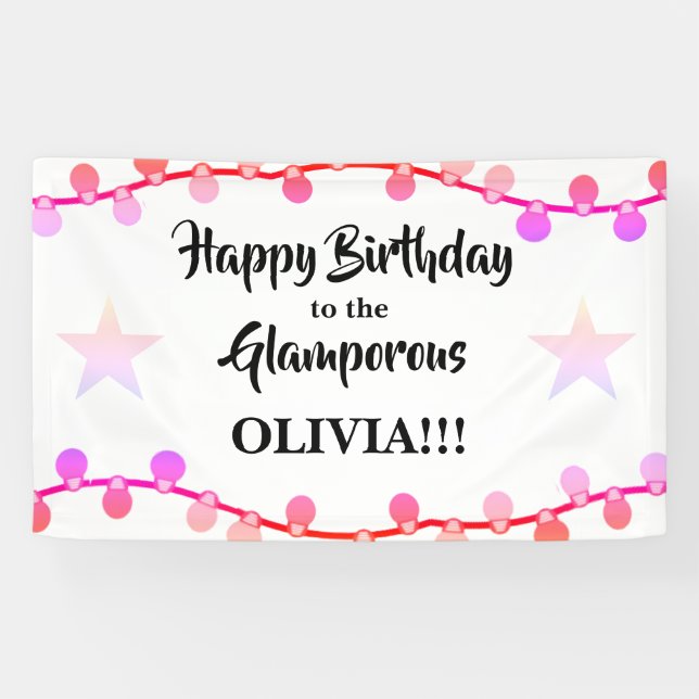 Pink String of Lights Glamporous Happy Birthday  Banner (Horizontal)