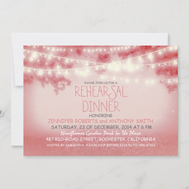 pink string of lights rustic rehearsal dinne invitation (Front)