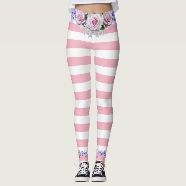 Pink Strip Roses Leggings (Front)