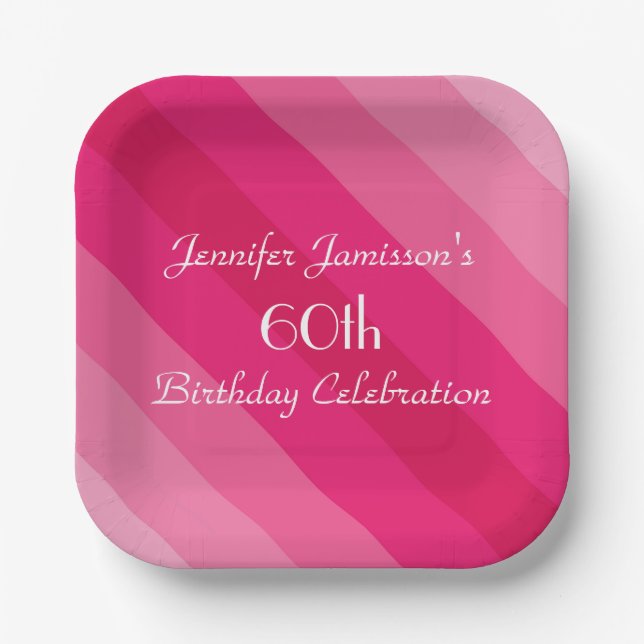 Pink Stripe, 60th Birthday Party for Woman Paper Plate (Front)