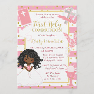 Pink Stripe African American Girl First Communion Invitation