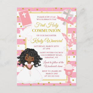 Pink Stripe African American Girl First Communion Postcard