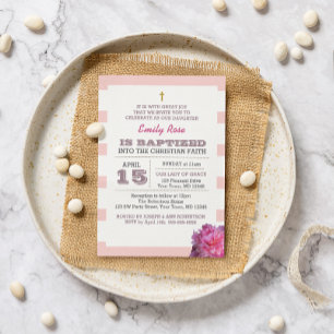 Pink Stripe and Peony Girl Baptism Invitation