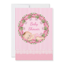 Pink Stripe Baby Shower Invitation with Sleeping