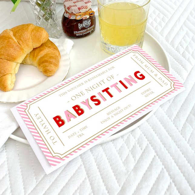 Pink Stripe Babysitting Gift Voucher Card (Creator Uploaded)