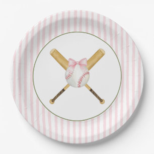 Pink Stripe Baseball  Paper Plate