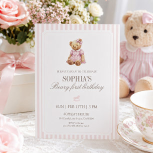 Pink Stripe Beary First Birthday Girl Teddy Bear Invitation
