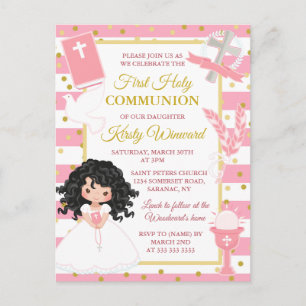 Pink Stripe Black Hair Girl First Communion Postcard