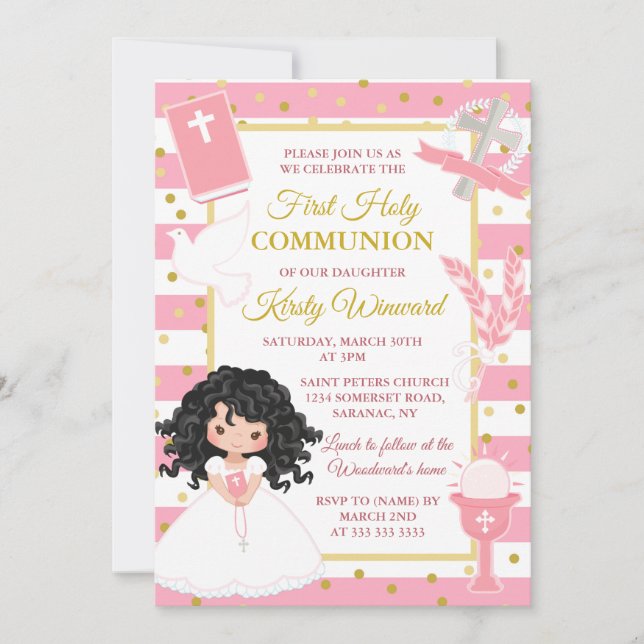 Pink Stripe Black Hair Girl First Holy Communion Invitation (Front)